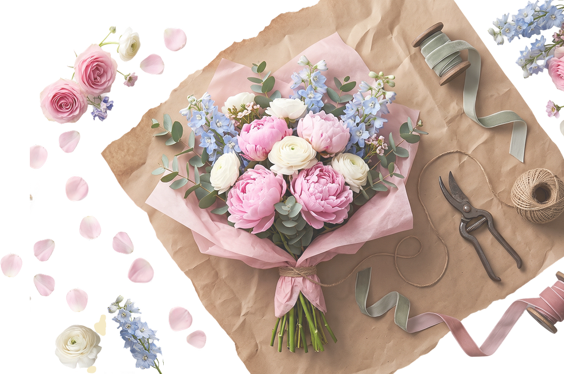 A hand-tied bouquet of peonies and delphinium on kraft paper, with ribbon and shears